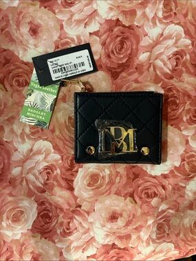Badgley Mischka Black Quilted Vegan Leather Card Holder with Gold Logo